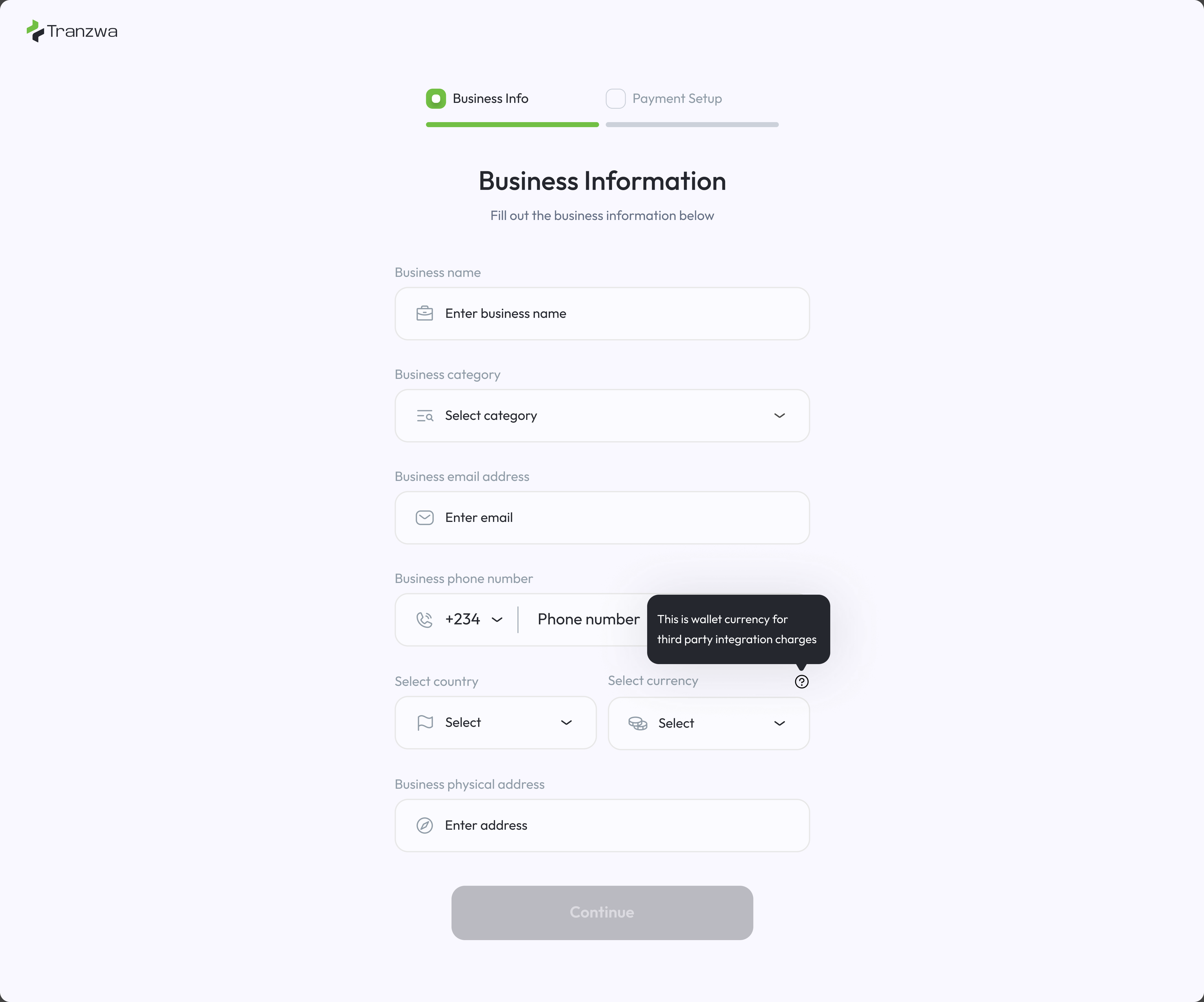 Tranzwa business onboarding web form — business information, category, email, phone, country, currency and physical address