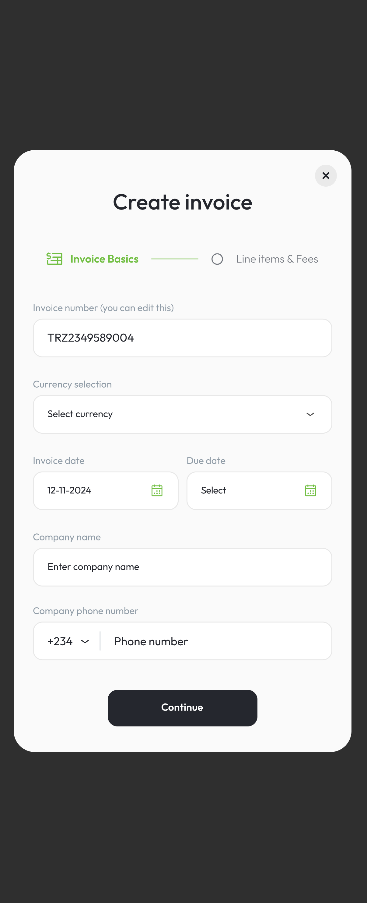 Tranzwa mobile app Create invoice screen, matching the web invoice form