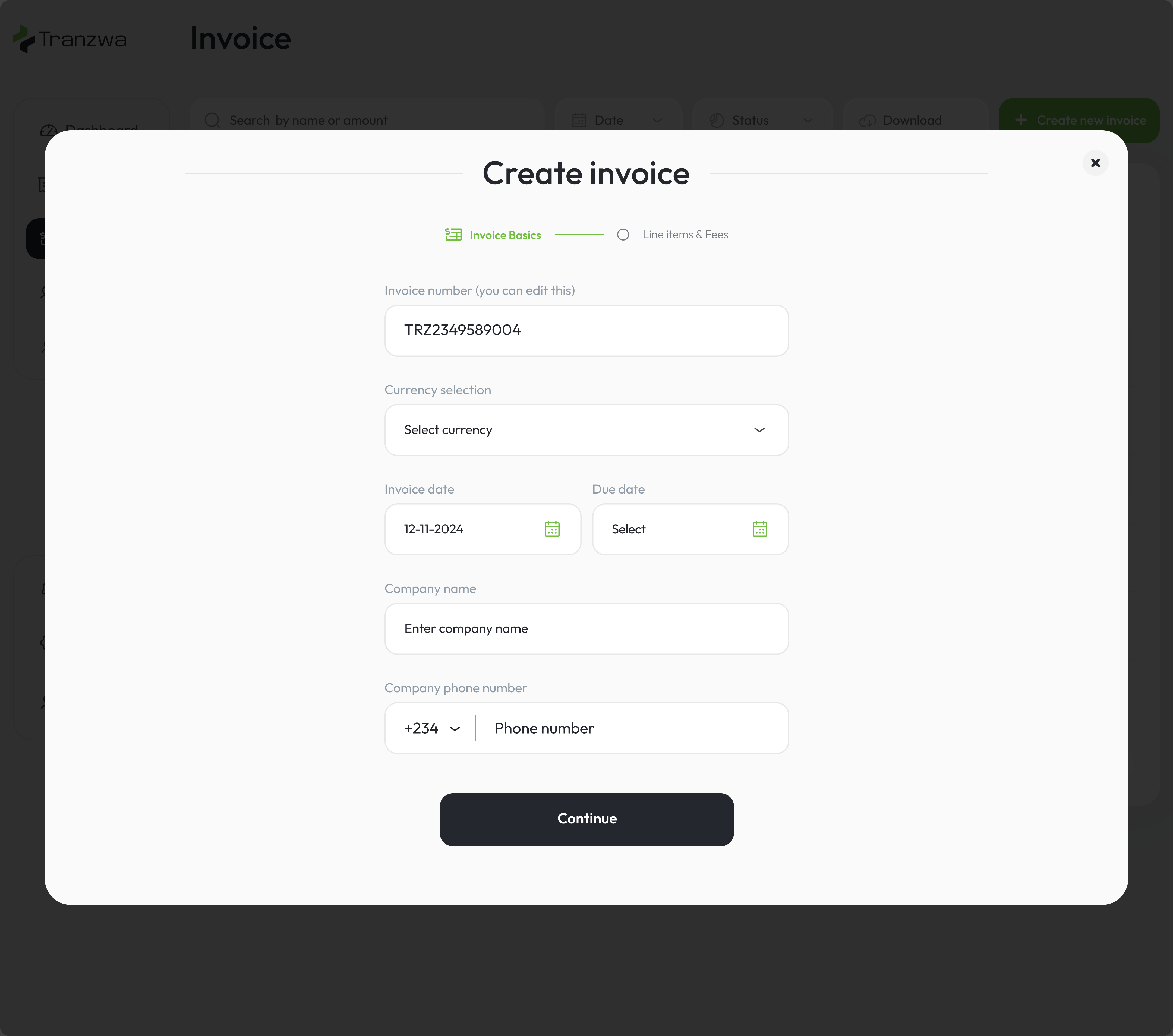 Tranzwa Create invoice modal — invoice number, currency, invoice date, due date, company name and phone number