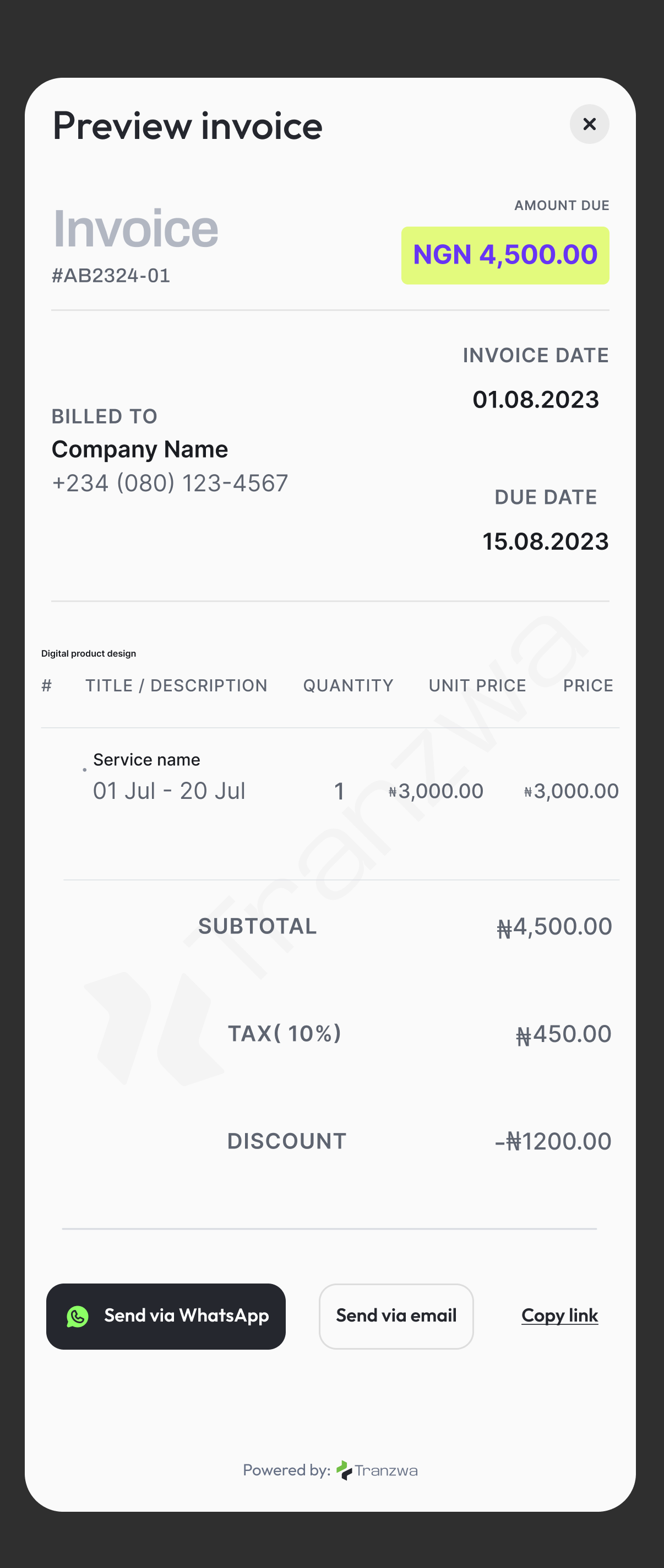 Tranzwa mobile app Preview invoice screen, matching the web sharing options