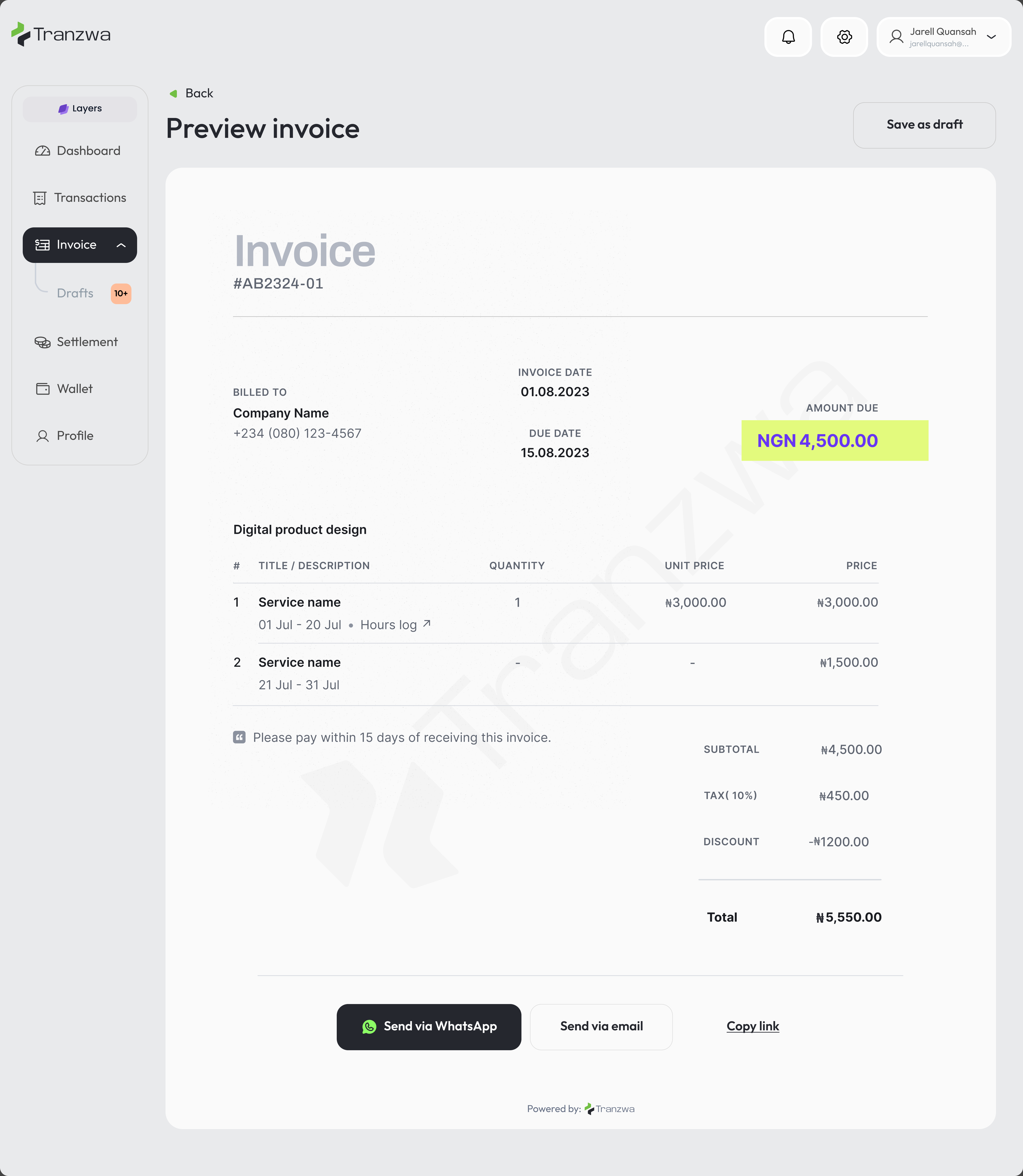 Tranzwa Preview invoice screen — invoice detail with Send via WhatsApp, Send via email and Copy link actions