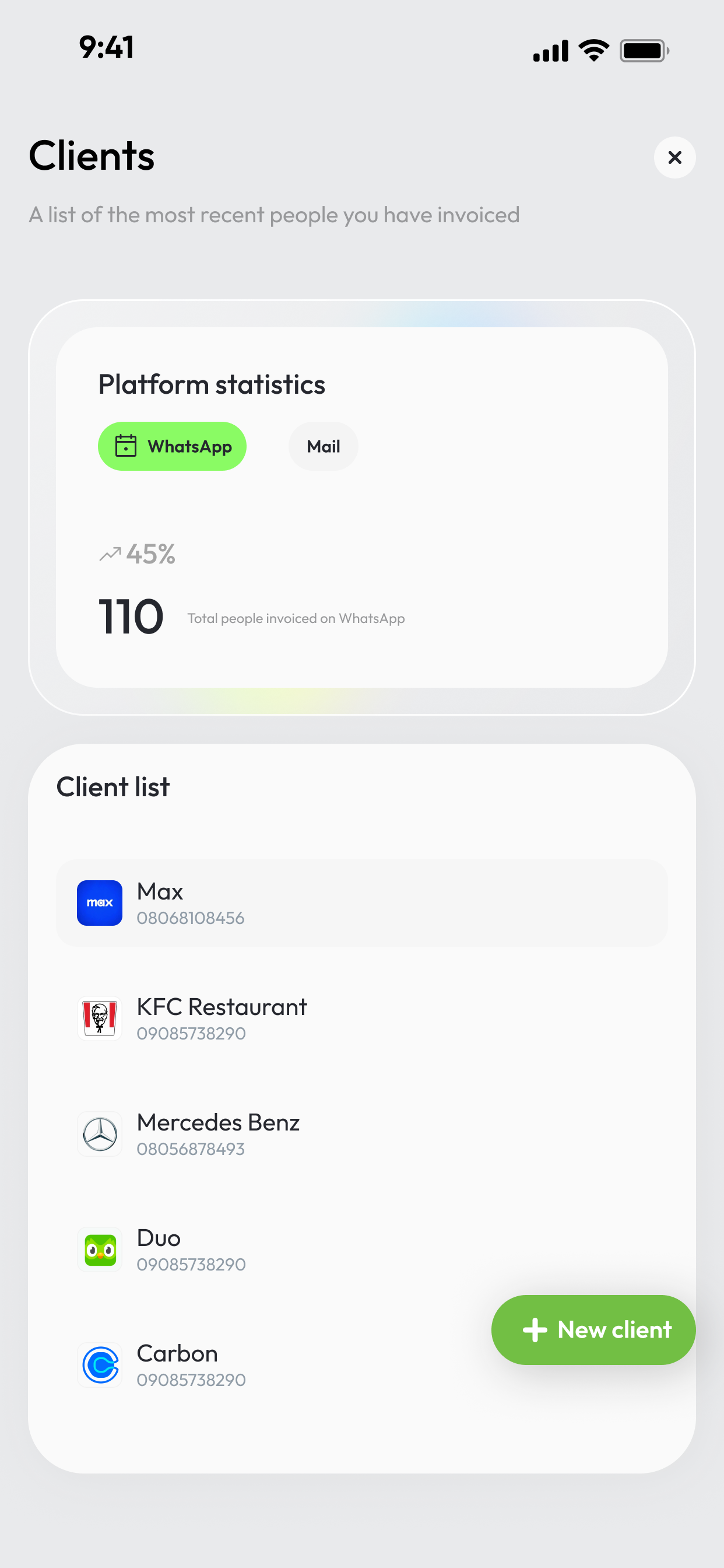 Tranzwa mobile app Clients screen — platform statistics and client list