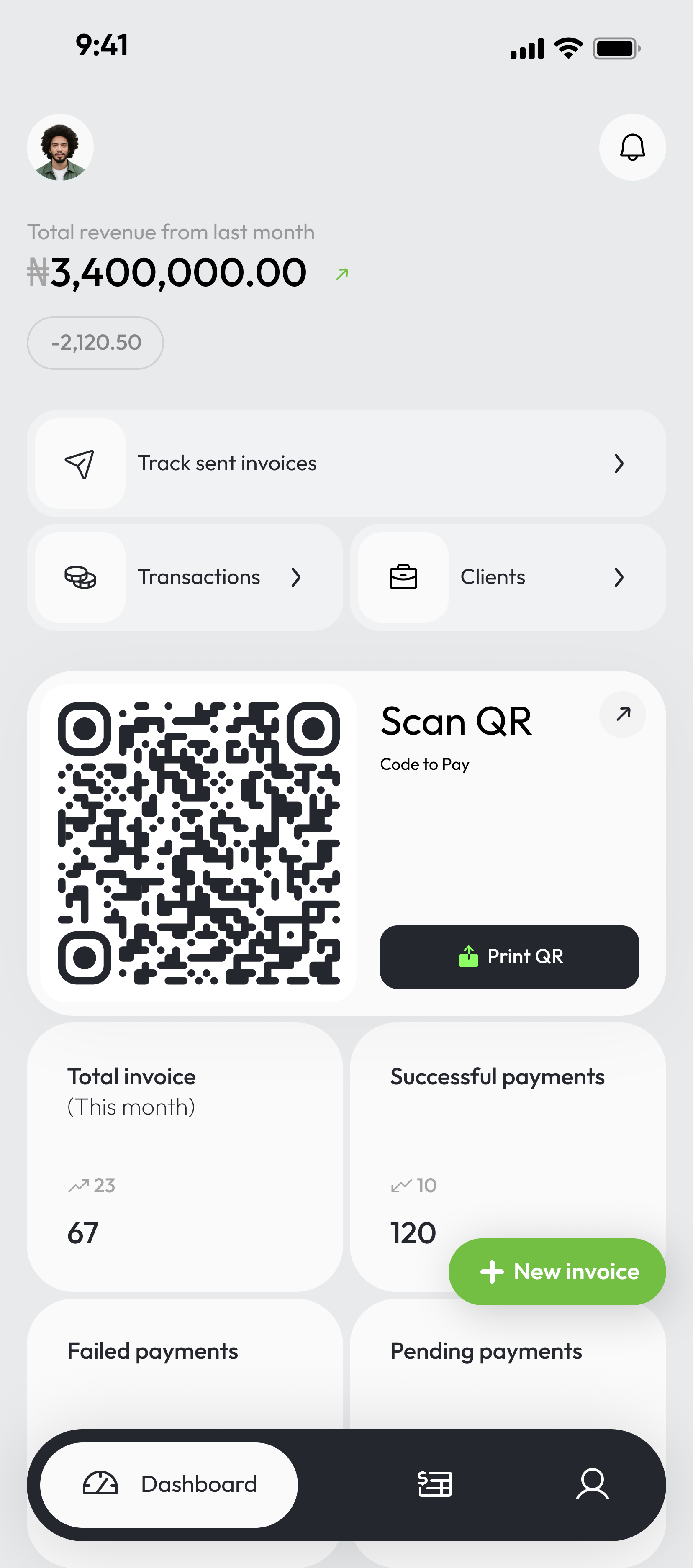 Tranzwa mobile app Dashboard — total revenue, scan-to-pay QR code, invoice and payment stats