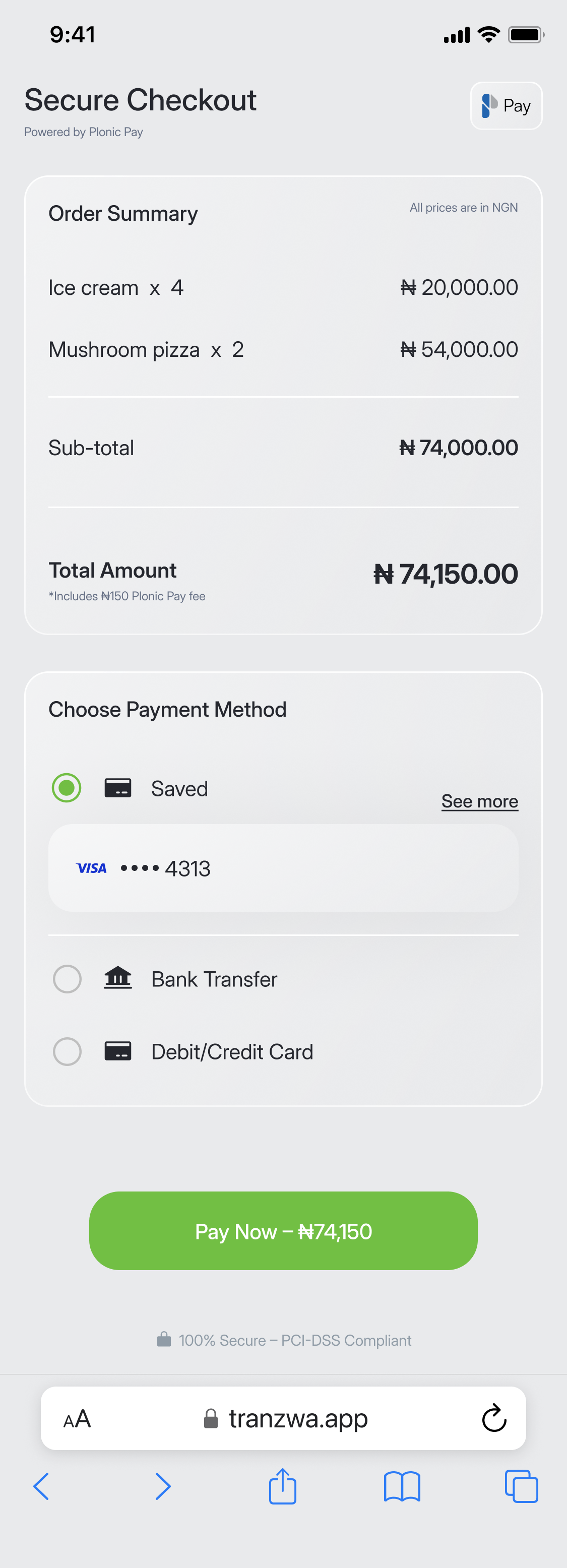 Tranzwa mobile app Secure Checkout screen — order summary, total amount and payment method selection