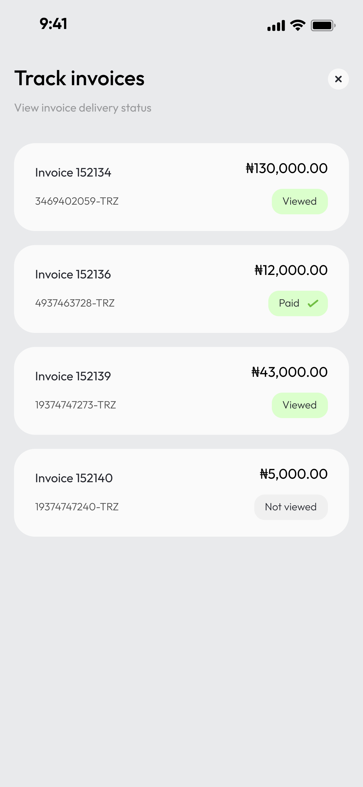 Tranzwa mobile app Track invoices screen with invoice statuses