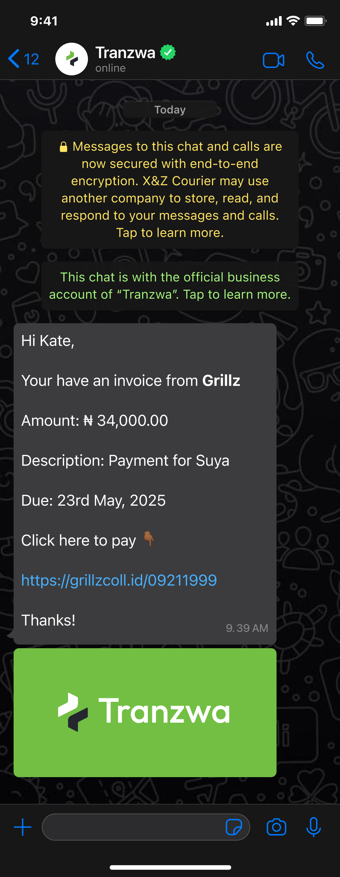 WhatsApp message from Tranzwa with an invoice payment request and pay link