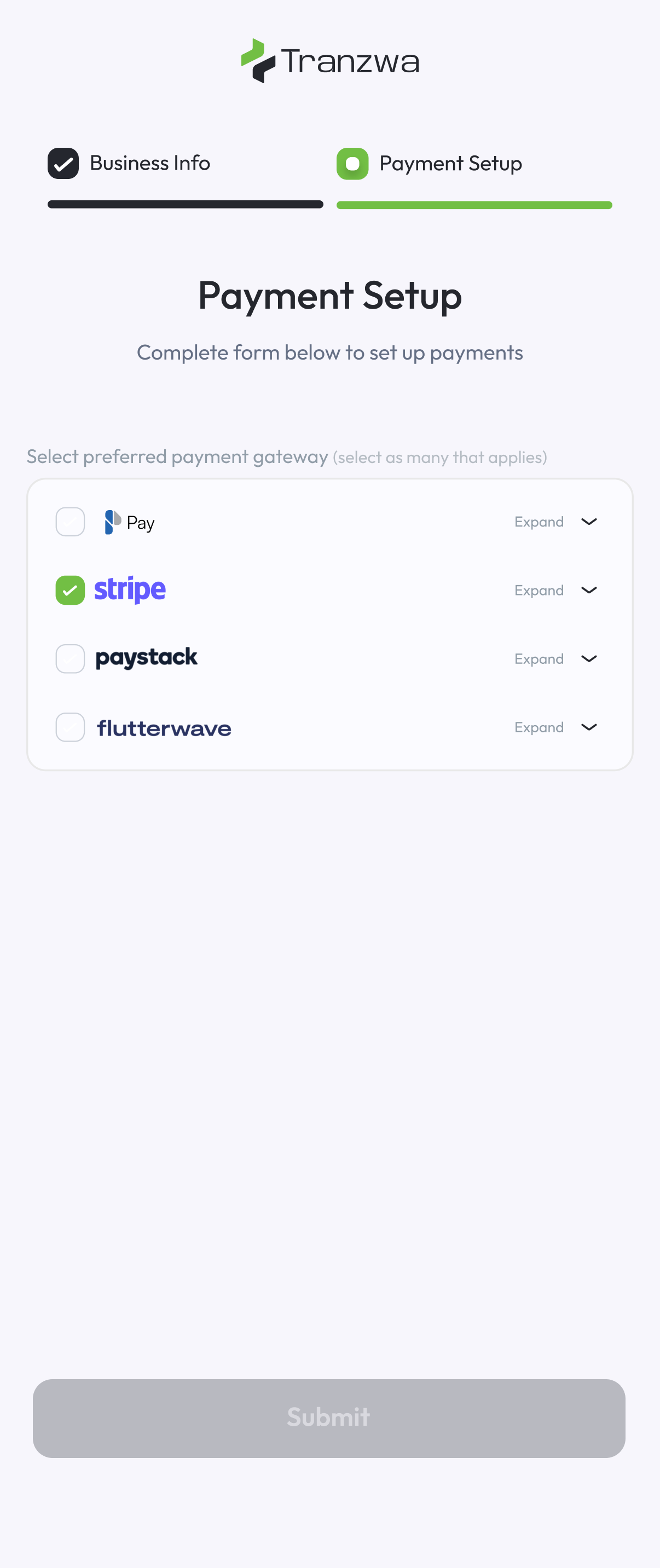 Tranzwa mobile app payment setup step — preferred payout gateway options including Flutterwave, Stripe, Paystack and Bank transfer