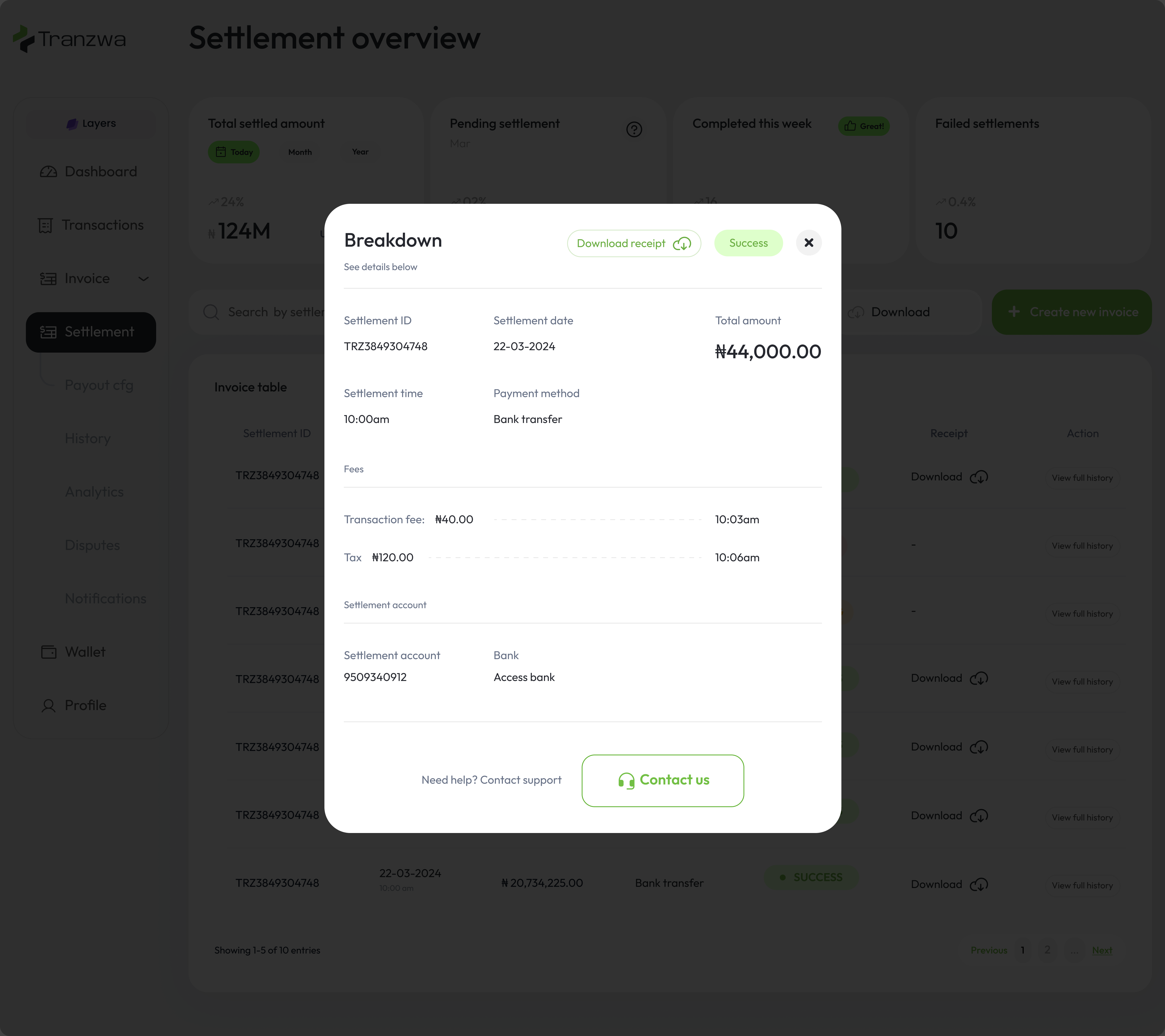 Tranzwa settlement detail — breakdown modal with settlement ID, date, total amount, fees and settlement account over the settlement overview table